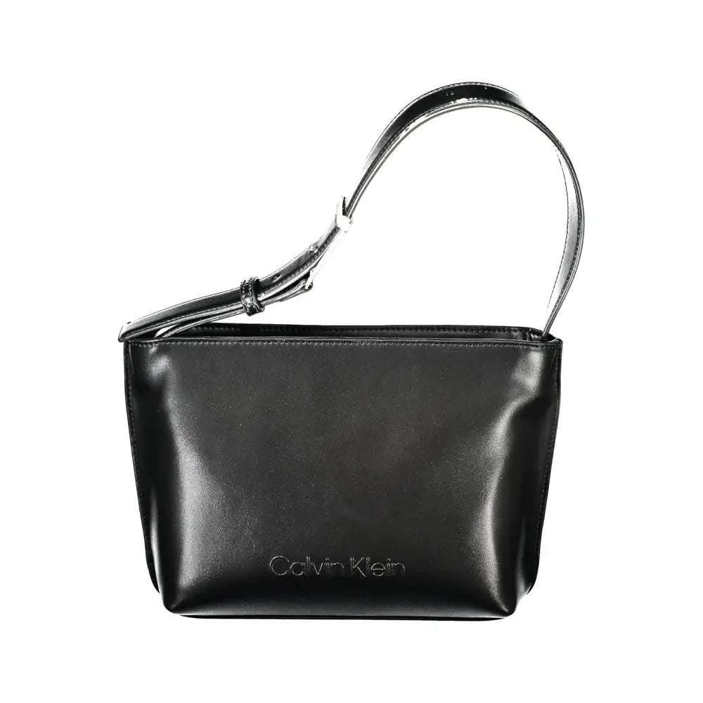 Calvin klein sac épaule femme noir en polyester avec finition cuir brillant et anse métallique assortie