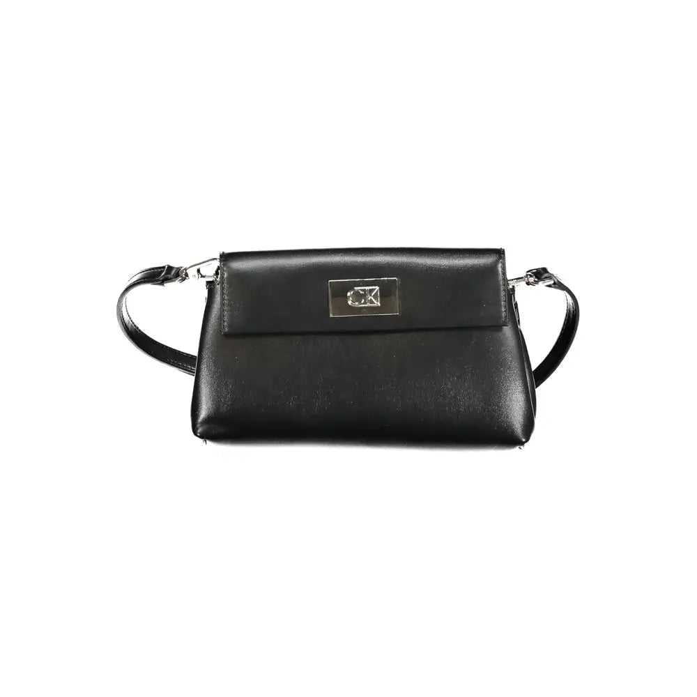 Sac bandoulière femme calvin klein noir en polyester avec plaque logo ck argentée sur le rabat en cuir noir