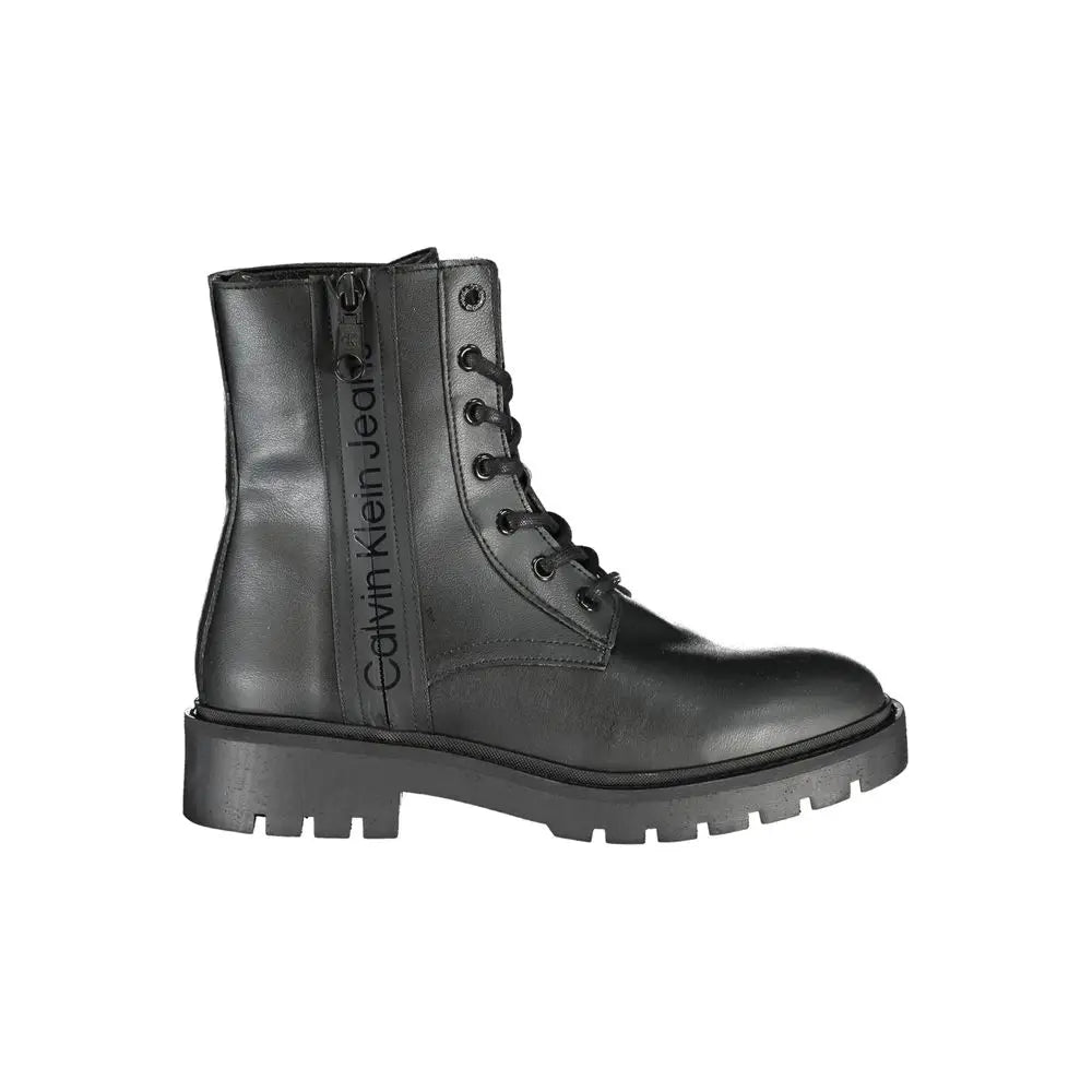 Calvin klein bottine noire en polyuréthane pour femmes avec lacets et fermeture éclair latérale en cuir noir