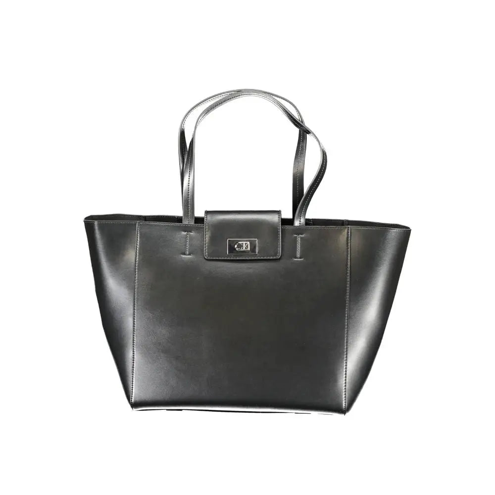Calvin klein sac à main femme noir en polyester recyclé avec design structuré et détails métalliques argentés