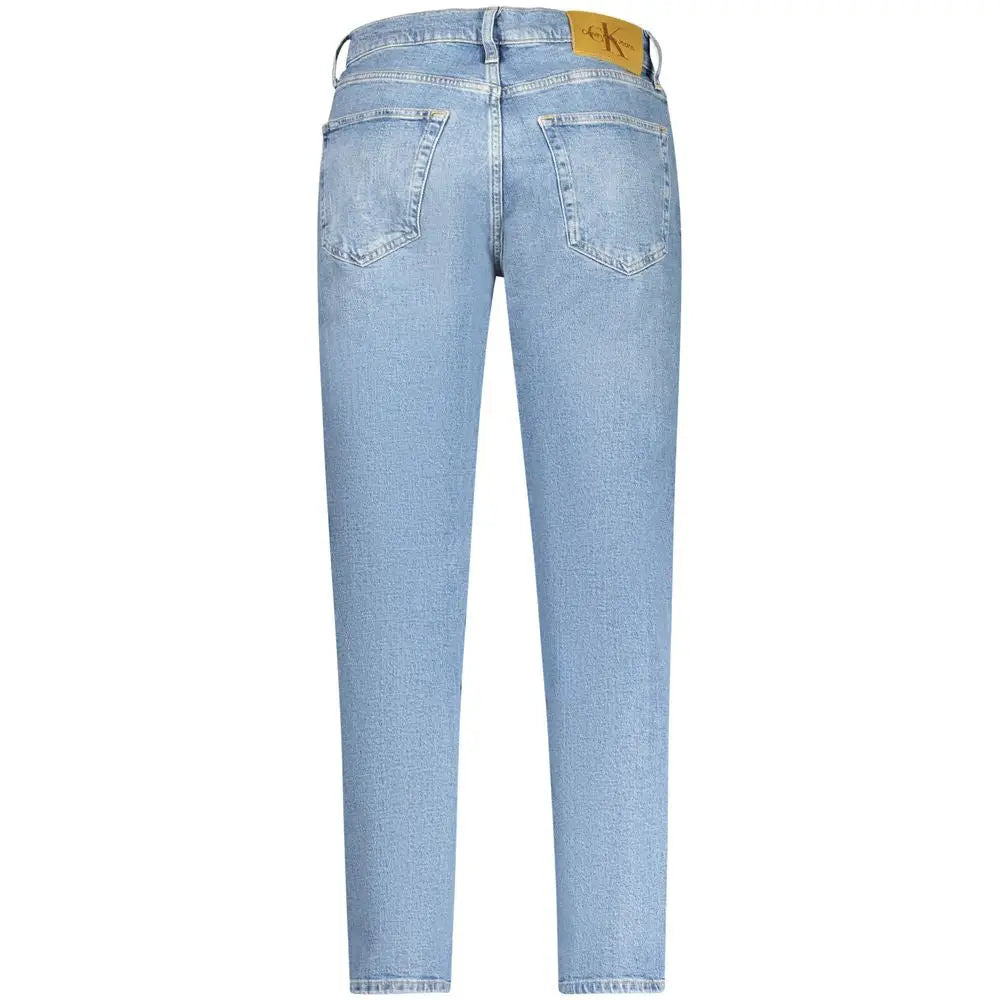 Jeans calvin klein bleu en coton pour homme avec coupe droite classique et patch en cuir marron à la taille vue arrière