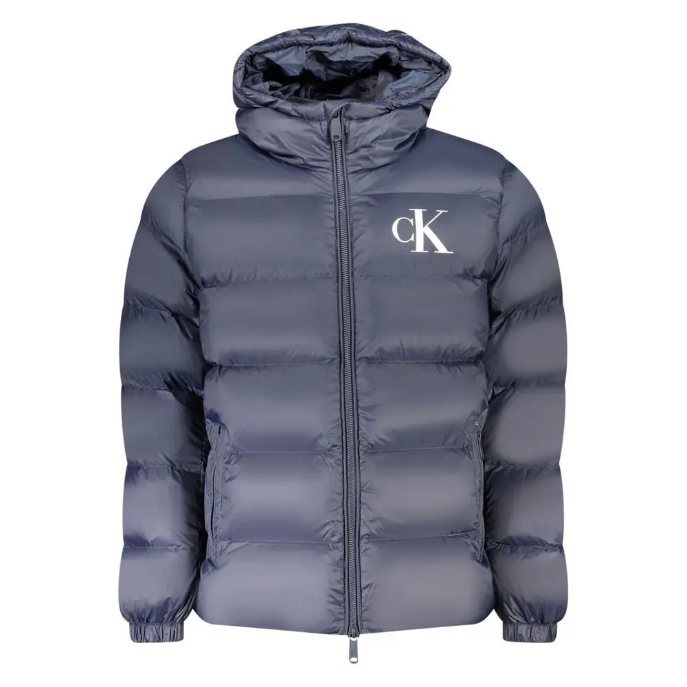 Veste puffer grise foncée avec capuche en nylon calvin klein pour homme avec logo blanc ck sur la poitrine