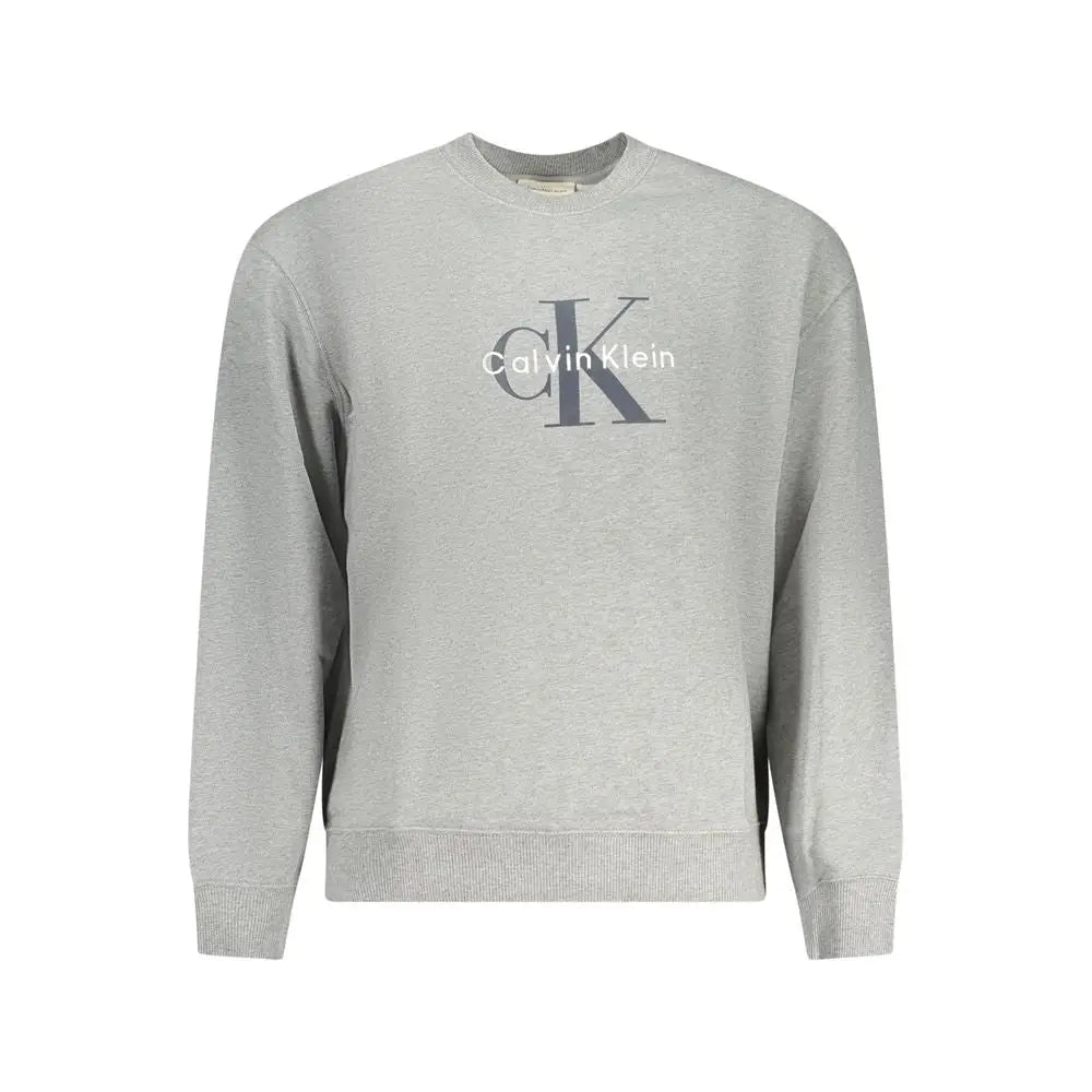Sweatshirt homme calvin klein gris en coton avec logo ck et nom de la marque imprimés en gris foncé sur la poitrine