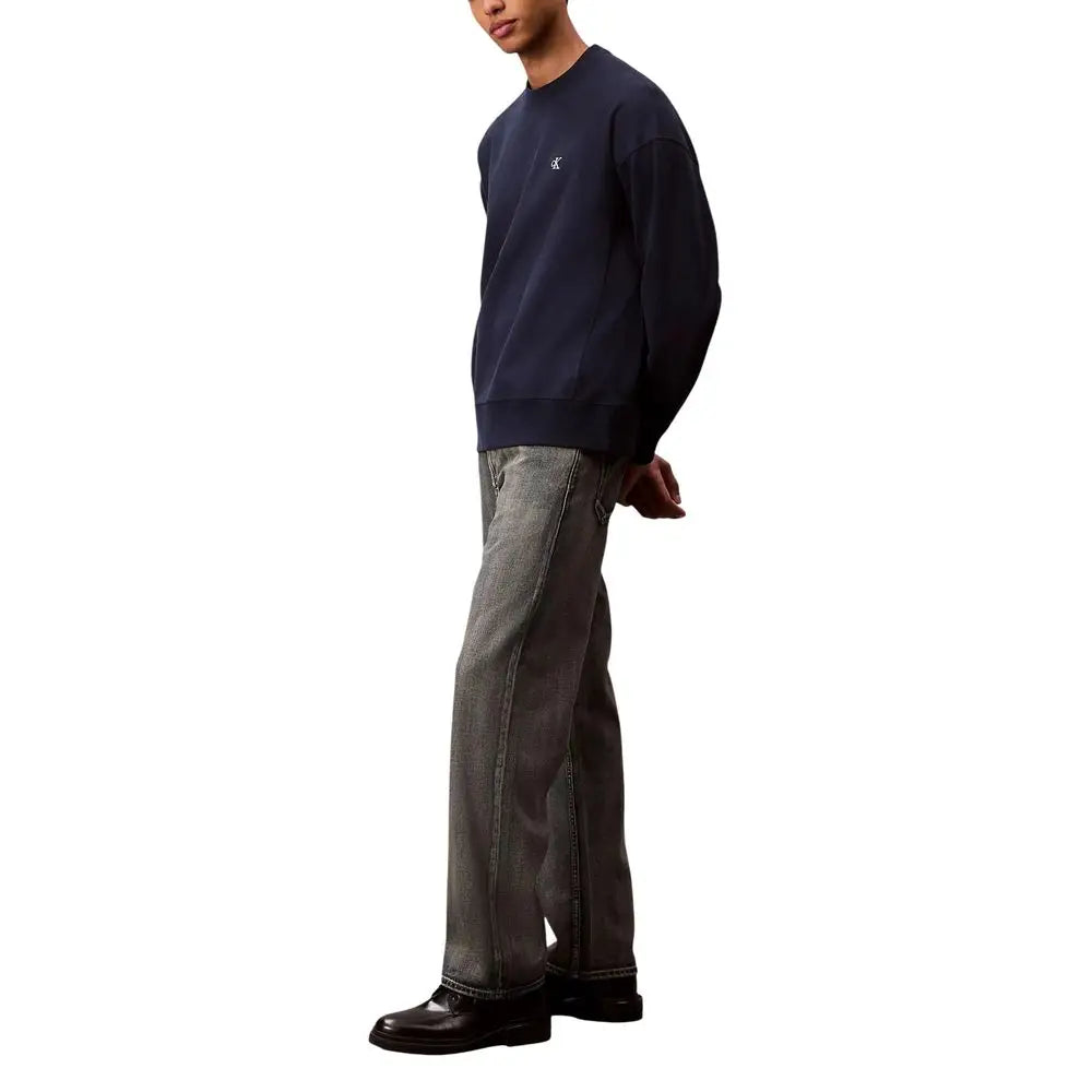 Sweatshirt navy blue à col rond avec petit logo brodé blanc calvin klein jeans beige en coton coupe décontractée