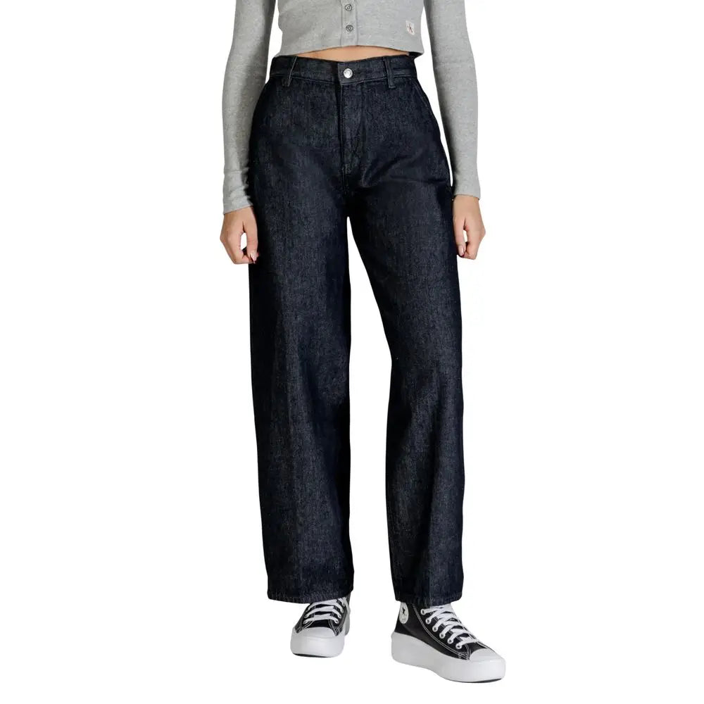 Jean bootcut en coton bleu calvin klein avec coupe taille haute jambe large et motif texturé subtil