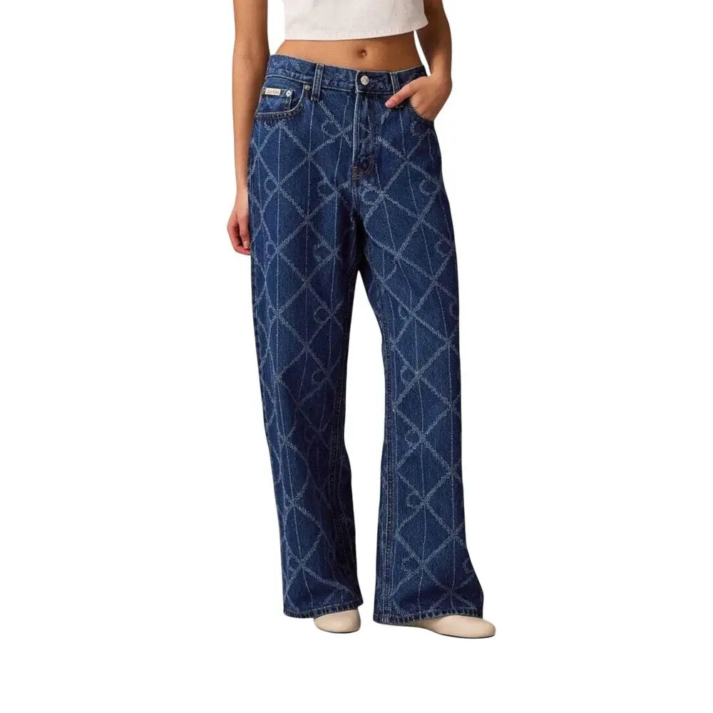 Jean boyfriend en coton bleu foncé calvin klein avec motif géométrique discret en bleu clair