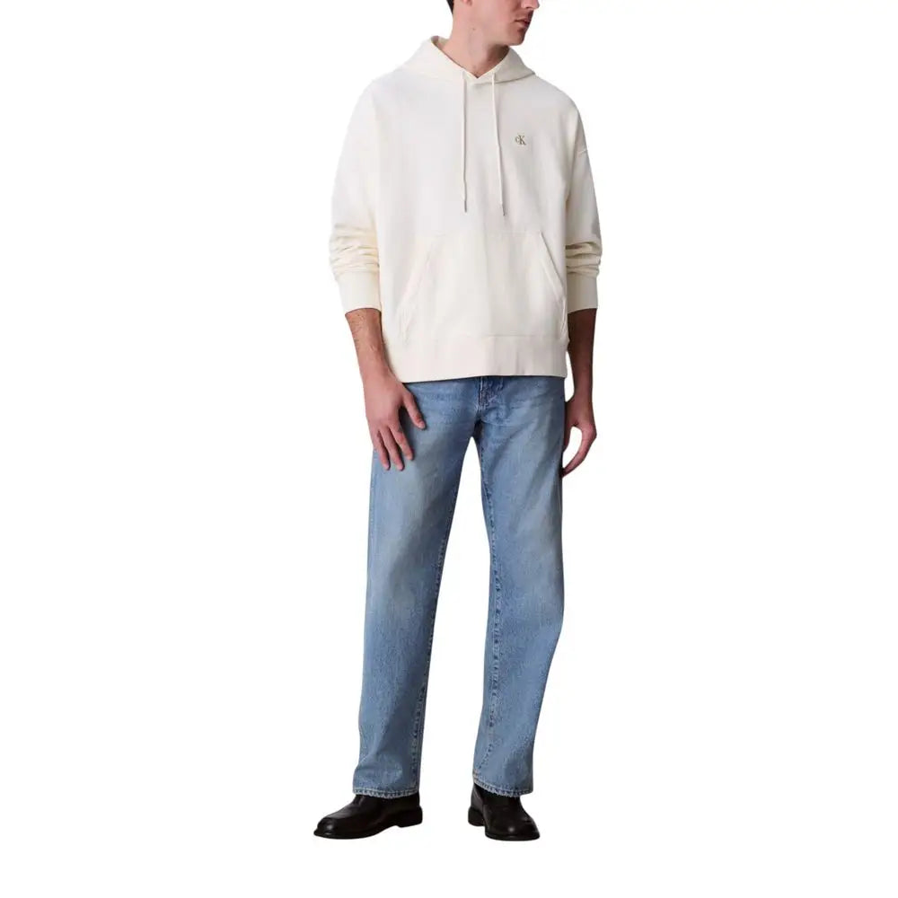 Sweat à capuche en coton crème calvin klein jeans avec logo brodé subtil sur la poitrine