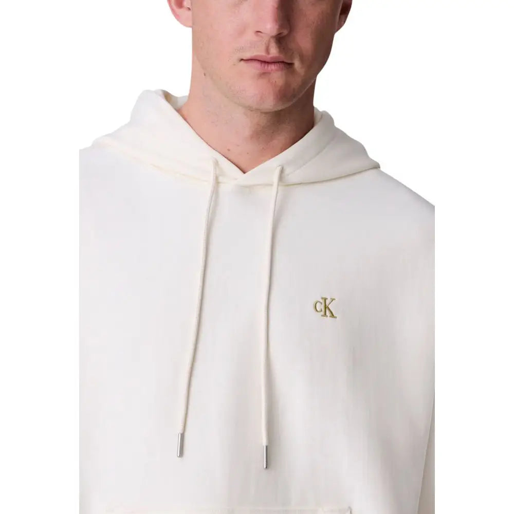 Hoodie calvin klein jeans blanc en coton avec logo brodé doré subtil et cordons assortis crème