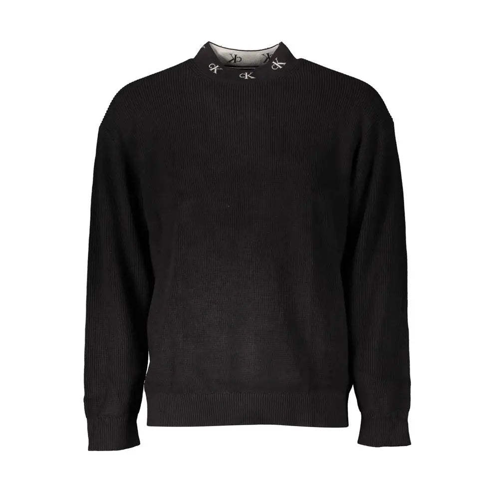 Pull calvin klein nero en coton noir côtelé avec logo blanc sur le col pour homme