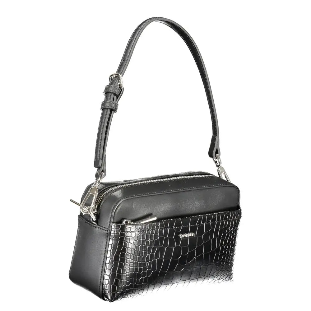 Calvin klein nero poliuretano donna borsa noir en cuir embossé crocodile avec bandoulière amovible et ferrures argentées