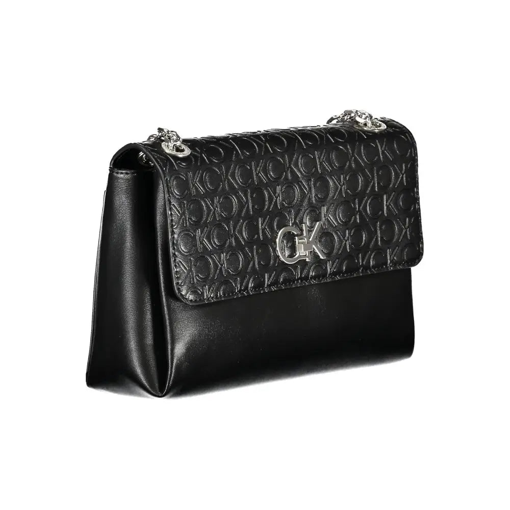 Sac à main femme calvin klein nero en polyester noir avec logo embossé et ferrures argentées