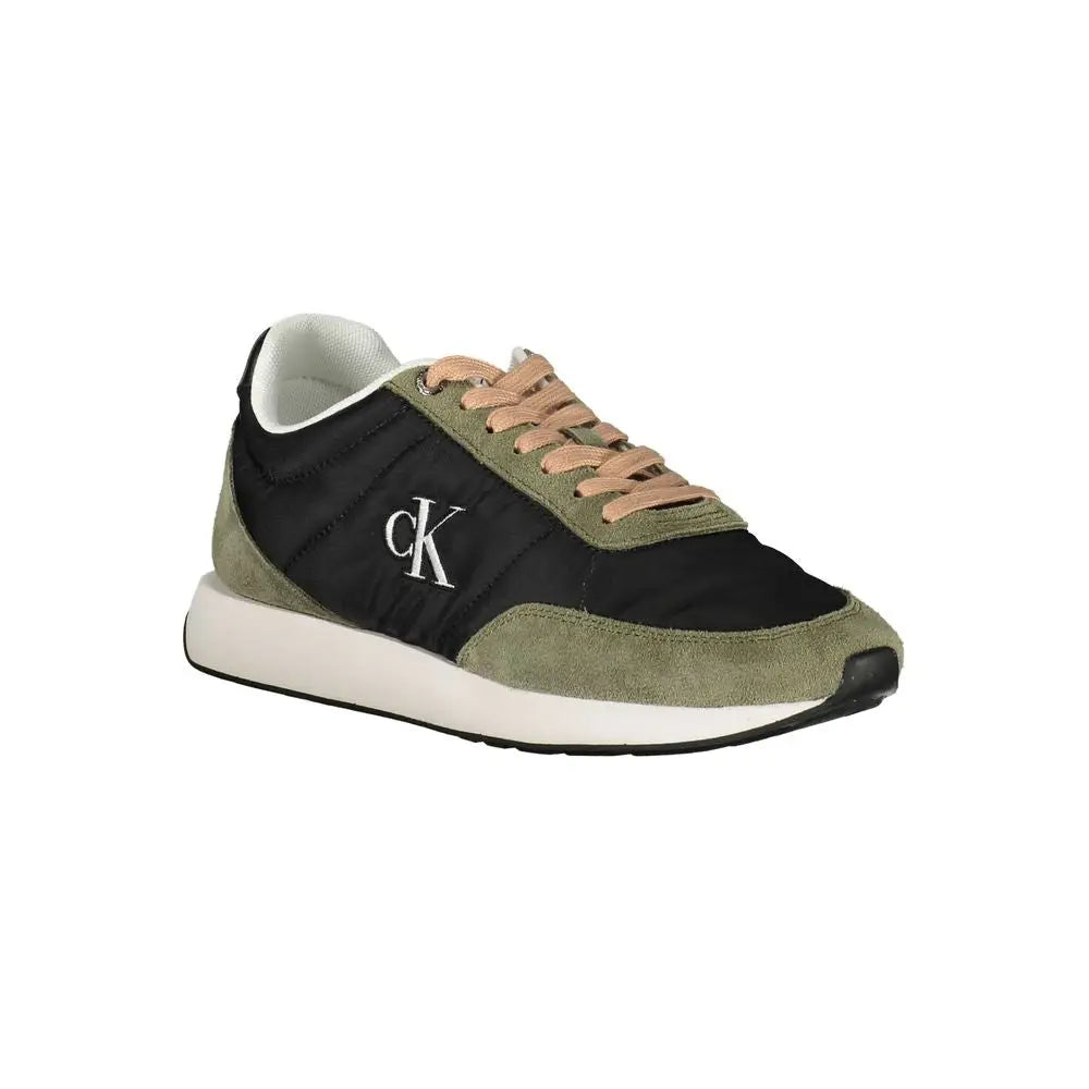 Sneaker femme calvin klein nero polyester olive avec empiècements daim noir lacets beige logo blanc ck sur le côté