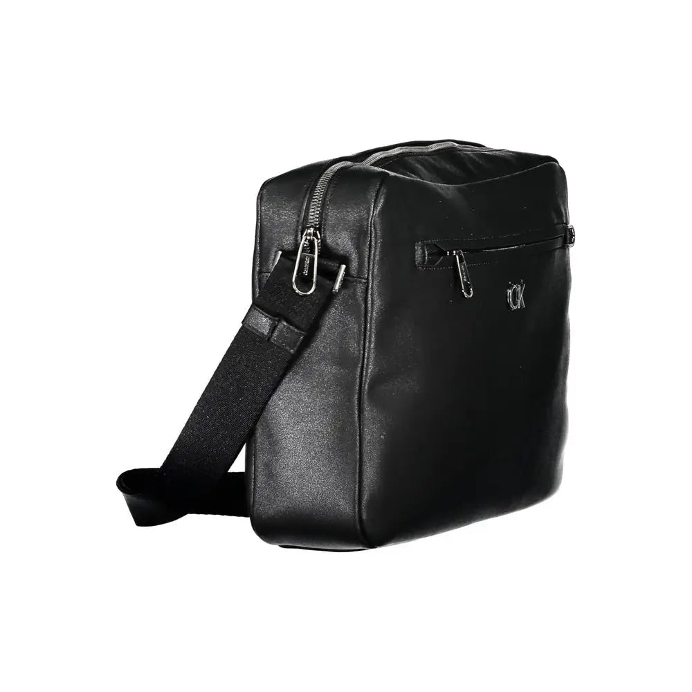 Calvin klein nero sac bandoulière en cuir noir avec zips argentés et logo ck discret en polyester recyclé homme