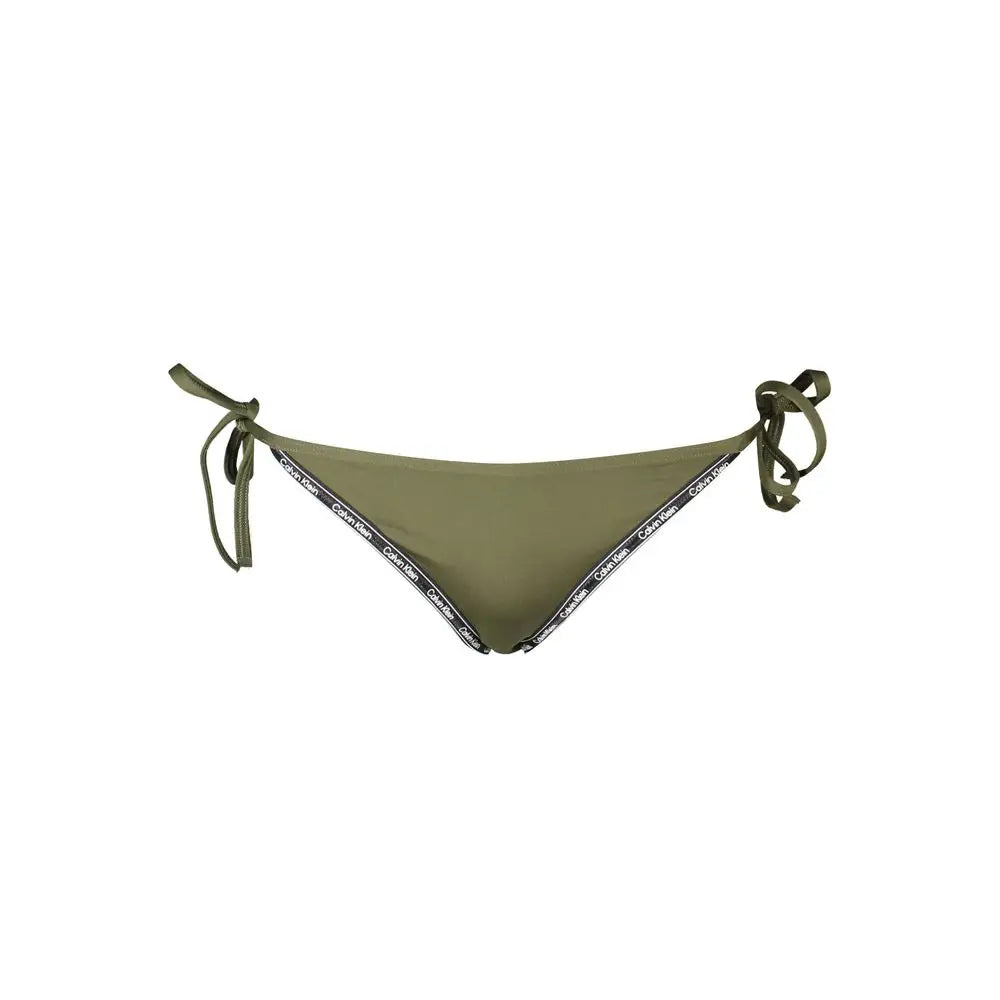 Olive green calvin klein polyester swim brief with black trim and repeating logo for women