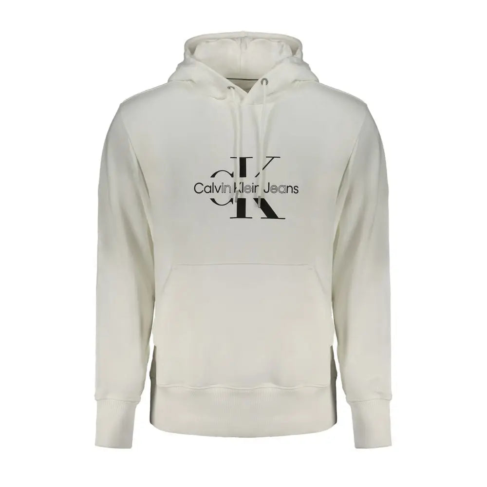 Sweatshirt homme calvin klein en coton blanc avec logo noir sur la poitrine et capuche style jeans crème