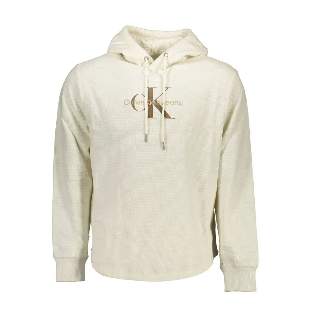 Sweat homme coton blanc calvin klein avec capuche en jean crème et logo ck brun texturé sur la poitrine