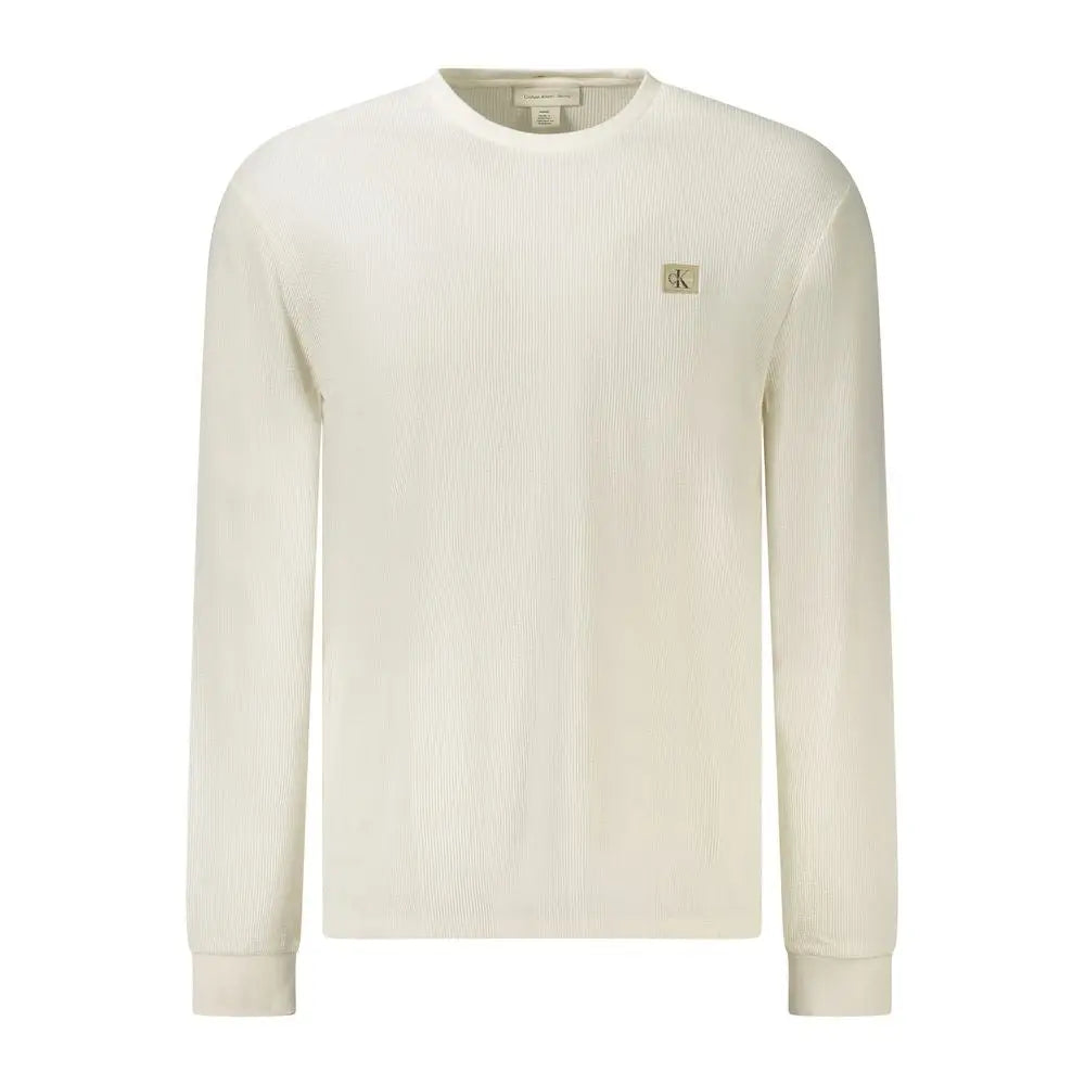 Pull à manches longues en coton blanc calvin klein pour homme avec tricot côtelé crème et logo or sur la poitrine