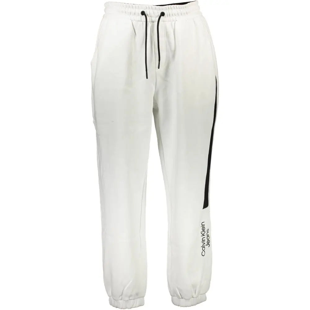 Calvin klein white cotton men’s sweatpant with black drawstrings and vertical stripe down the side