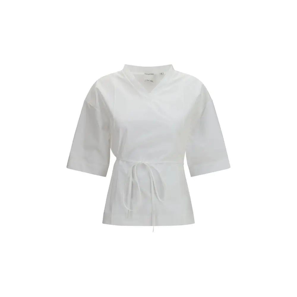 Calvin klein chemisier blanc en coton avec col en v manches trois quarts et ceinture nouée à la taille
