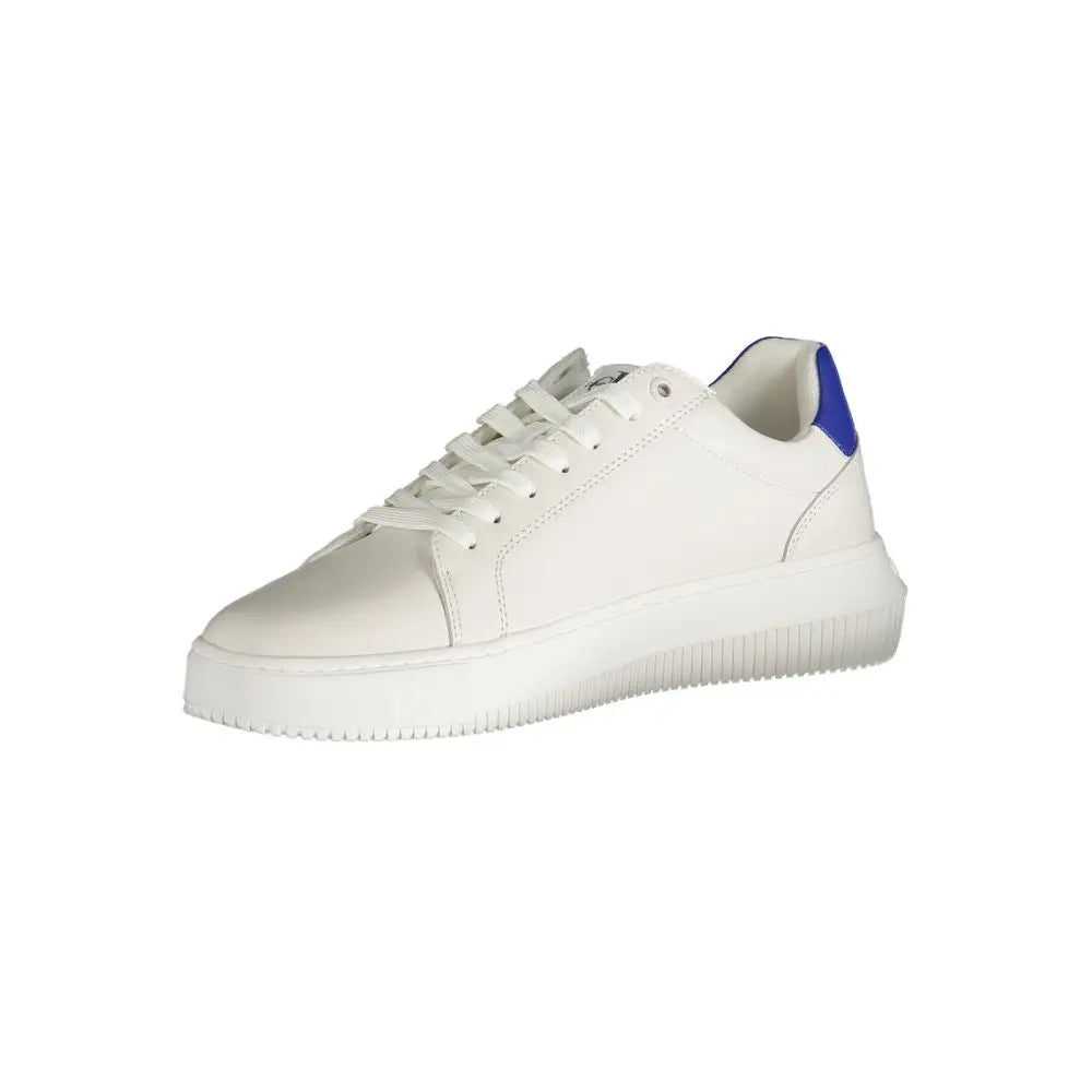 Calvin klein white leather men sneaker visible from the back with bold blue accent on heel and chunky white sole