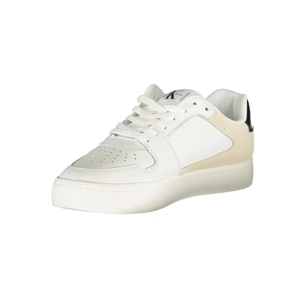 Calvin klein white polyurethane women sneaker en cuir beige et blanc avec languette talon noire et lacets blancs