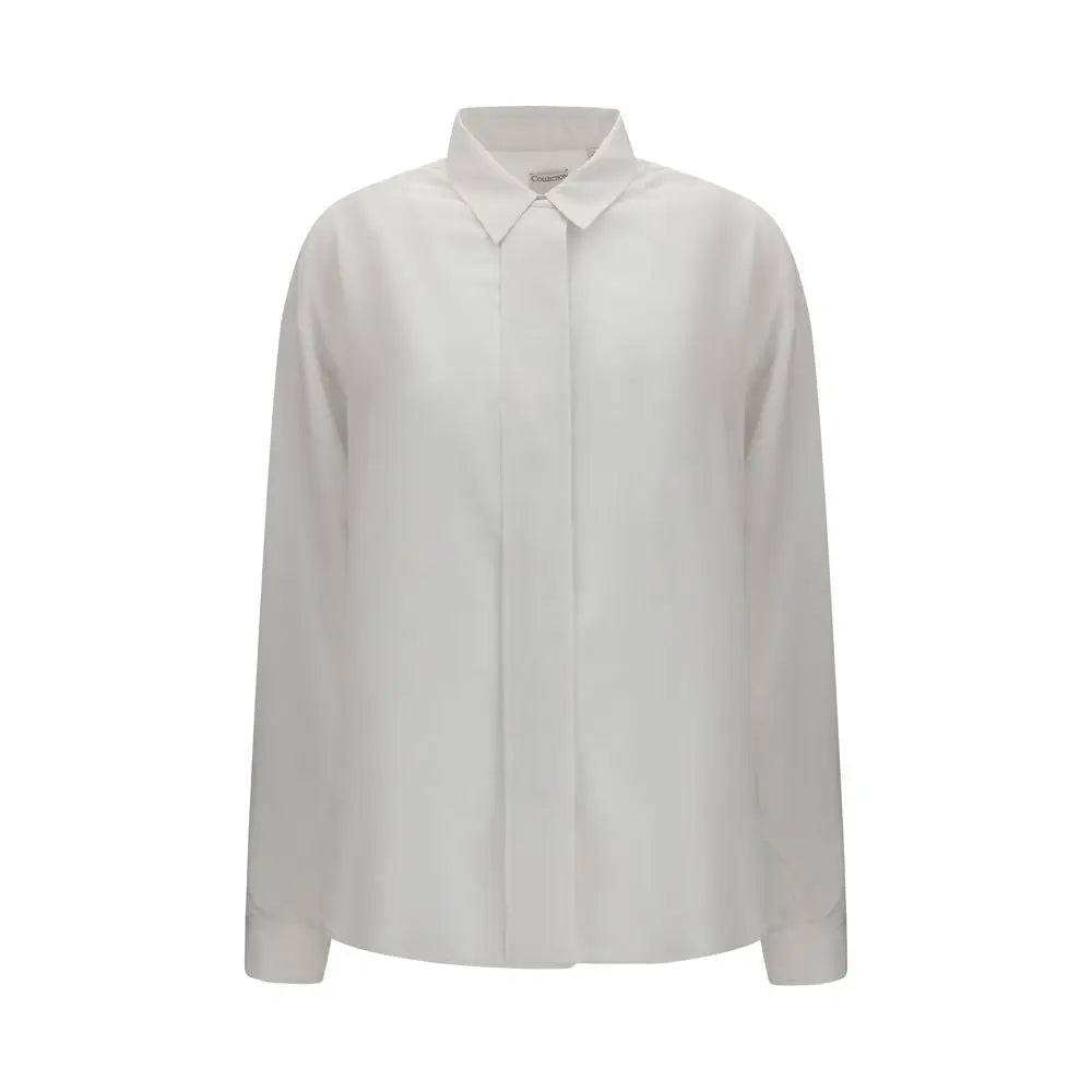 Chemise blanche en soie Calvin Klein à manches longues avec col classique et plis subtils sur le devant