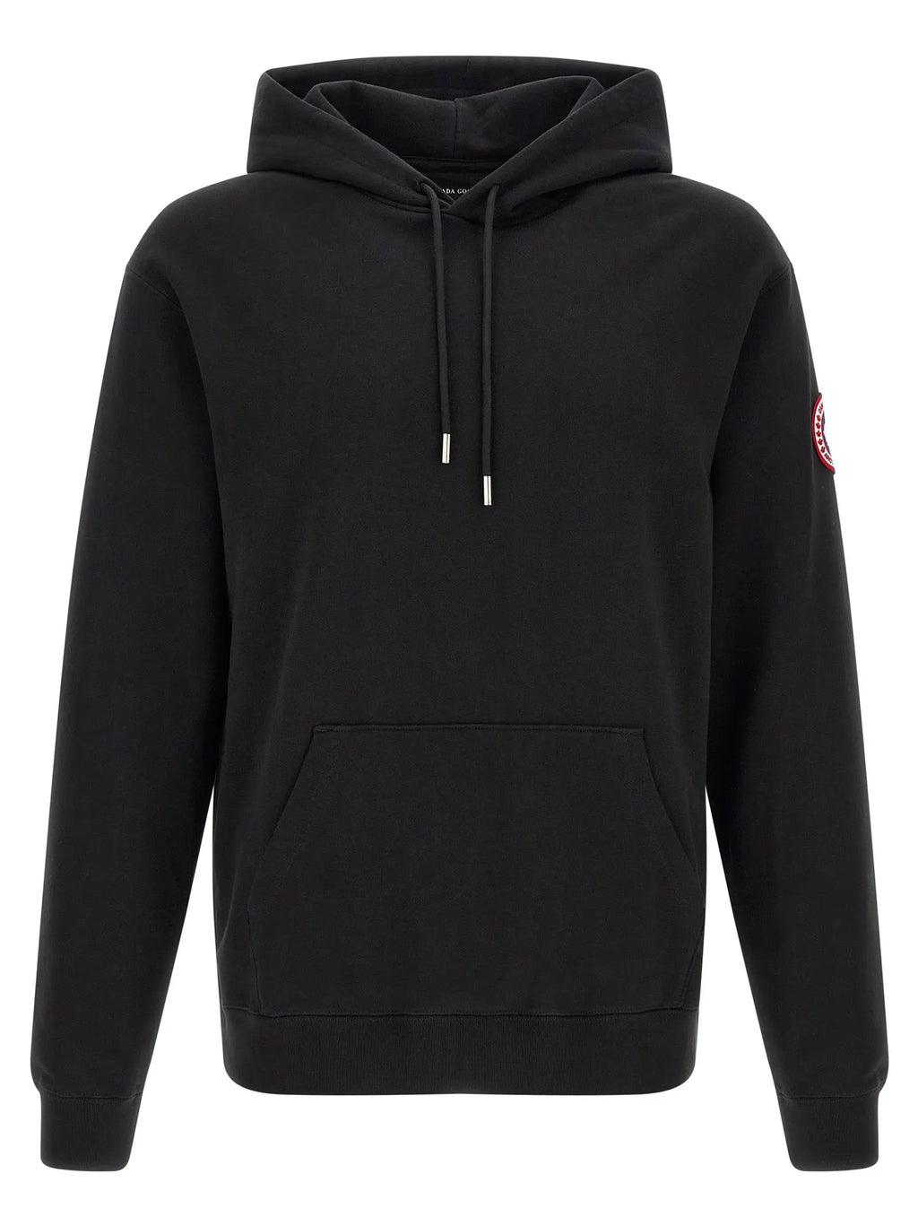 Sweatshirt canada goose noir en coton avec logo circulaire rouge sur la manche gauche et embouts argentés aux cordons