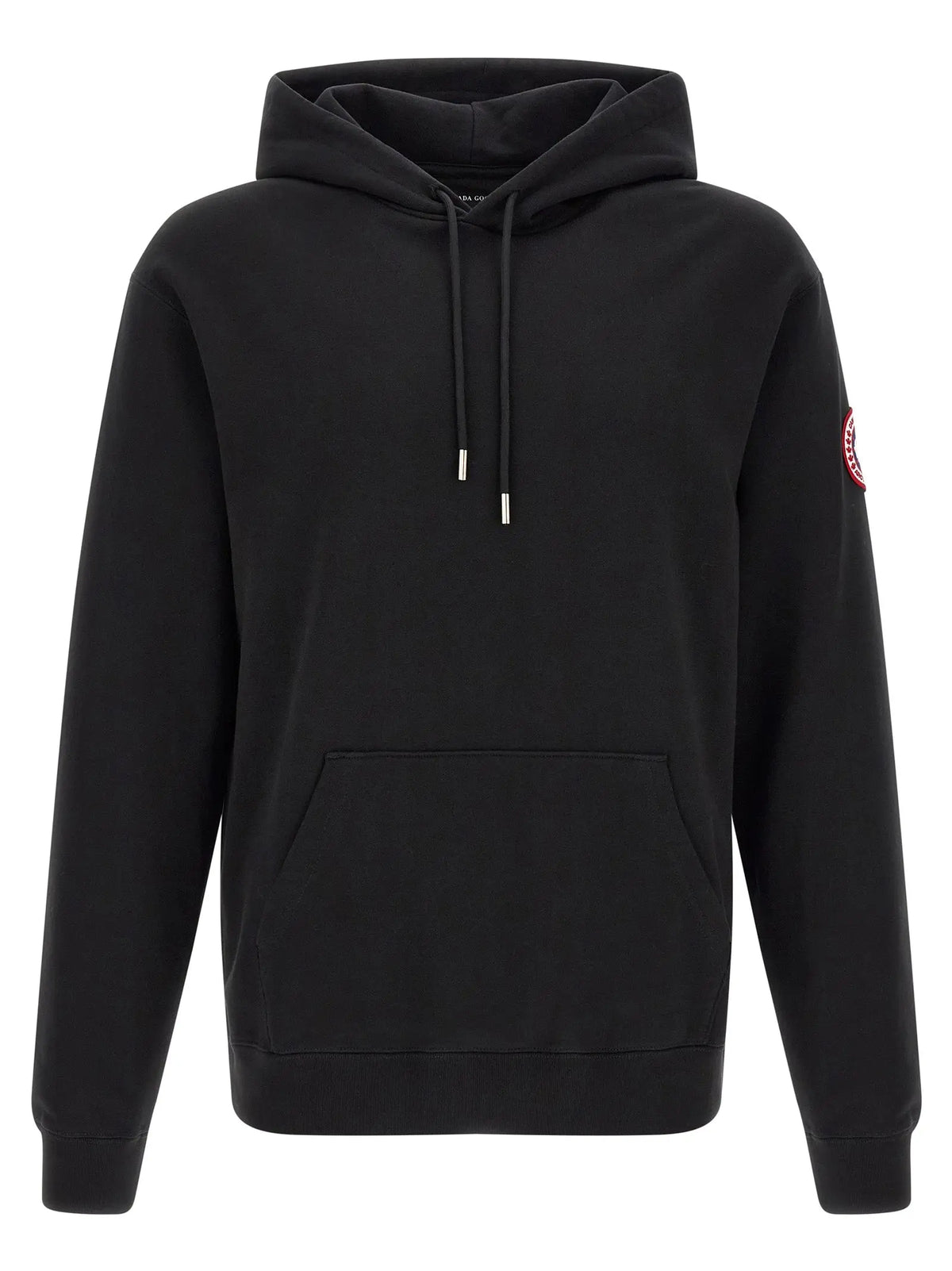 Sweatshirt canada goose noir en coton avec logo circulaire rouge sur la manche gauche et embouts argentés aux cordons