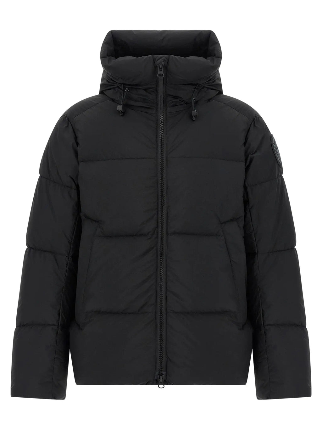 Veste canada goose noire polyamide matelassée avec capuche et logo discret sur la manche