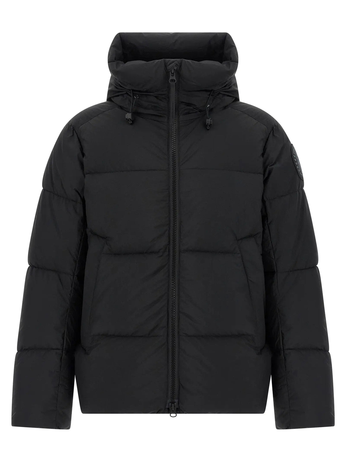 Veste canada goose noire polyamide matelassée avec capuche et logo discret sur la manche