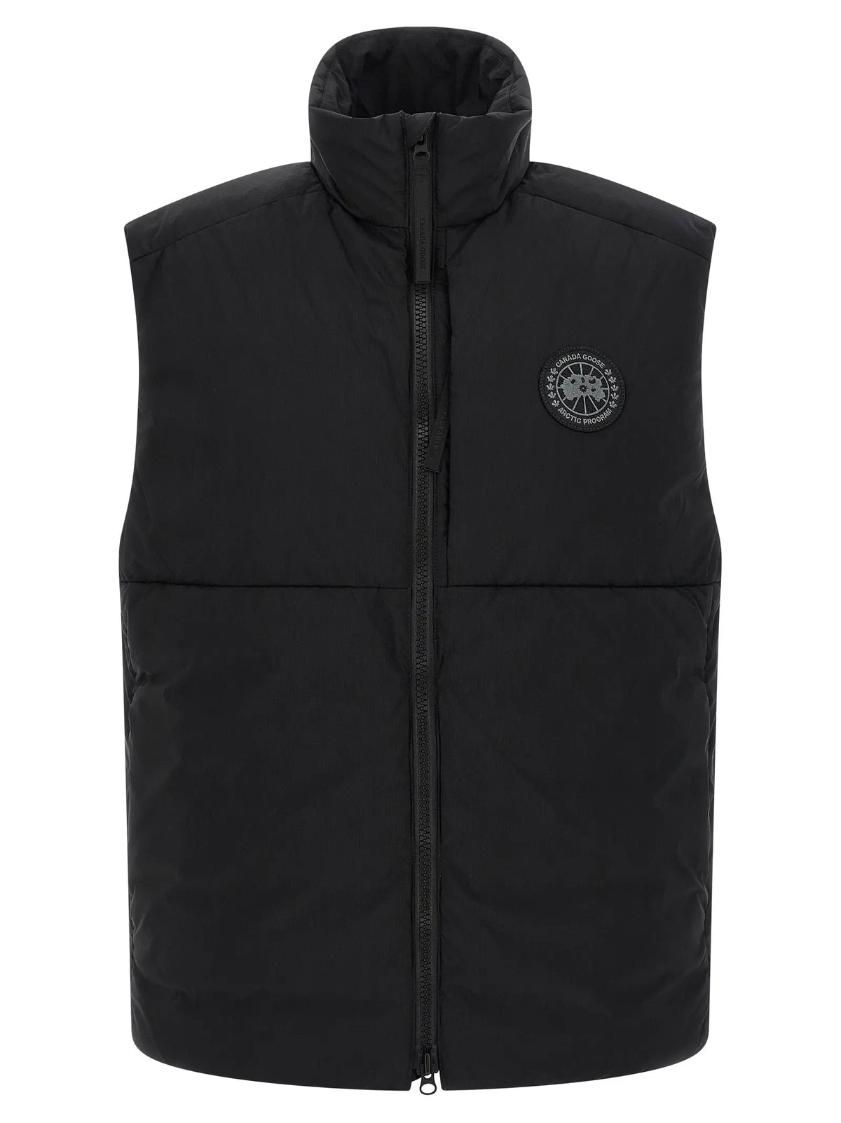Canada Goose veste sans manches noire en polyamide avec col montant, fermeture éclair avant et logo circulaire sur la poitrine