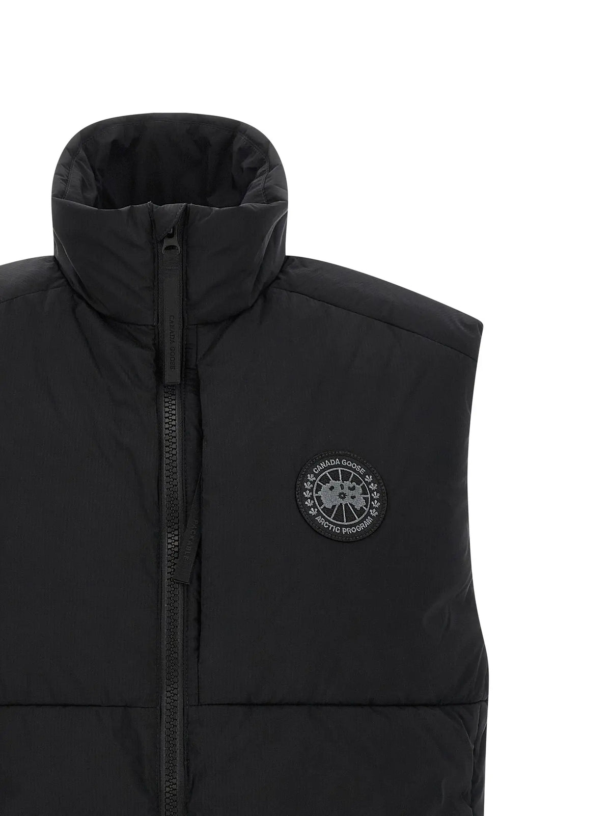 Veste sans manches canada goose noire en polyamide avec design matelassé et patch logo circulaire sur la poitrine