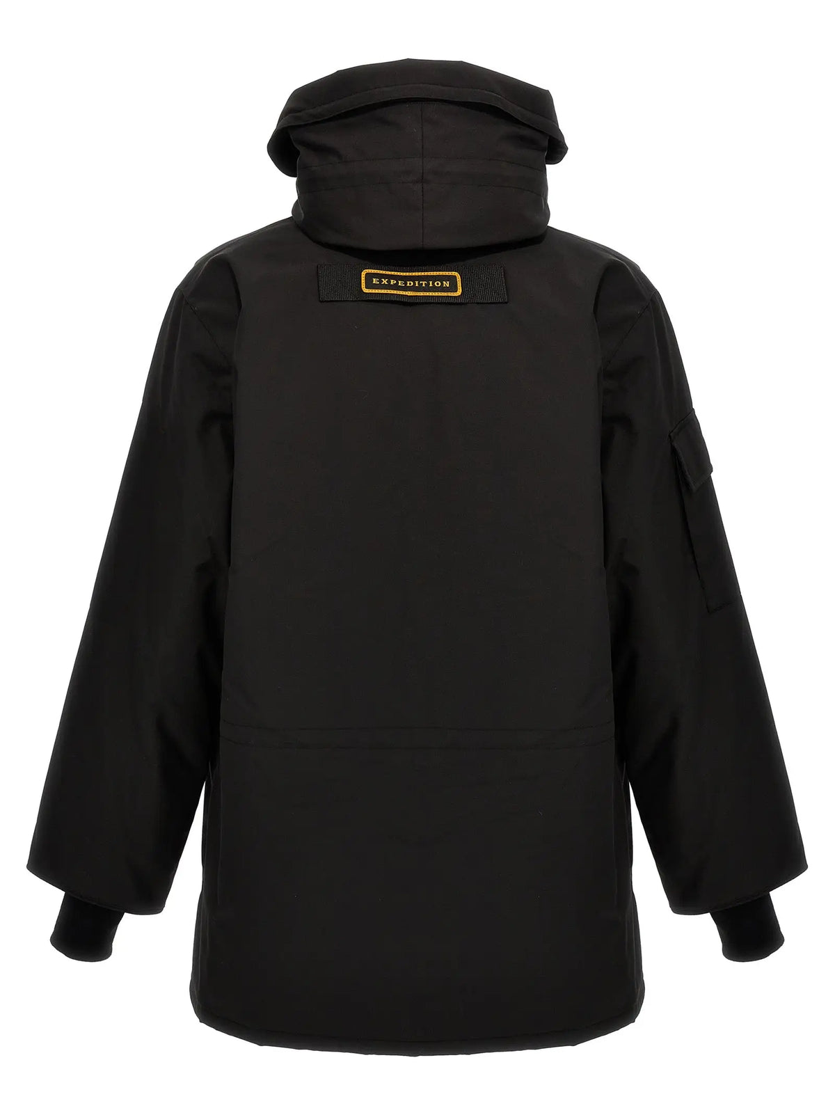 Parka d’expédition noire canada goose en polyester vue de dos avec capuche et étiquette bordée d’or