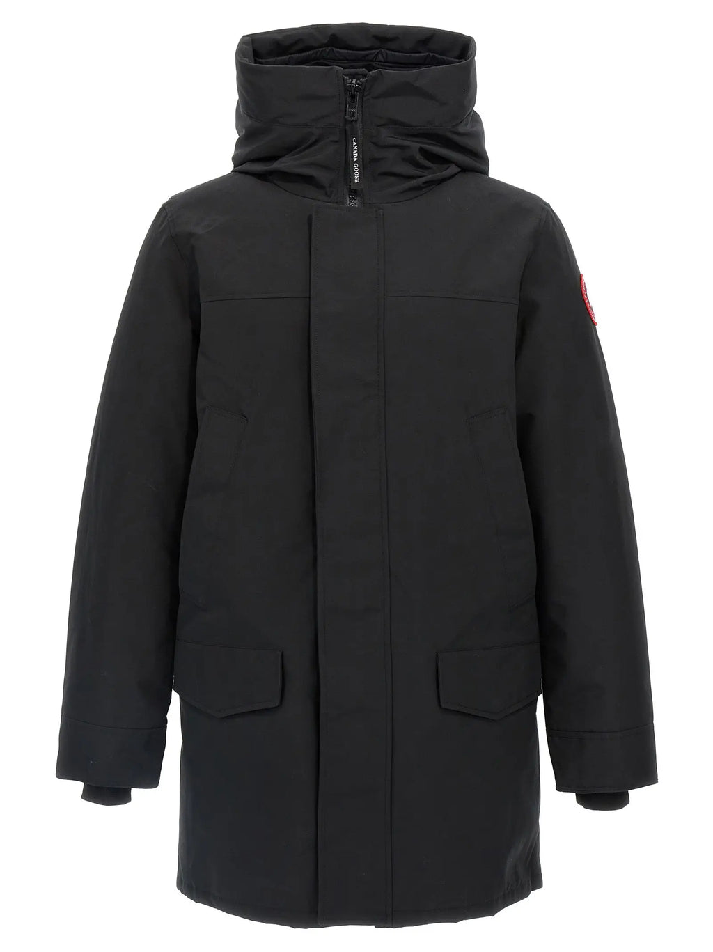 Parka canada goose noir en polyester avec capuche, fermeture éclair devant et deux grandes poches plaquées