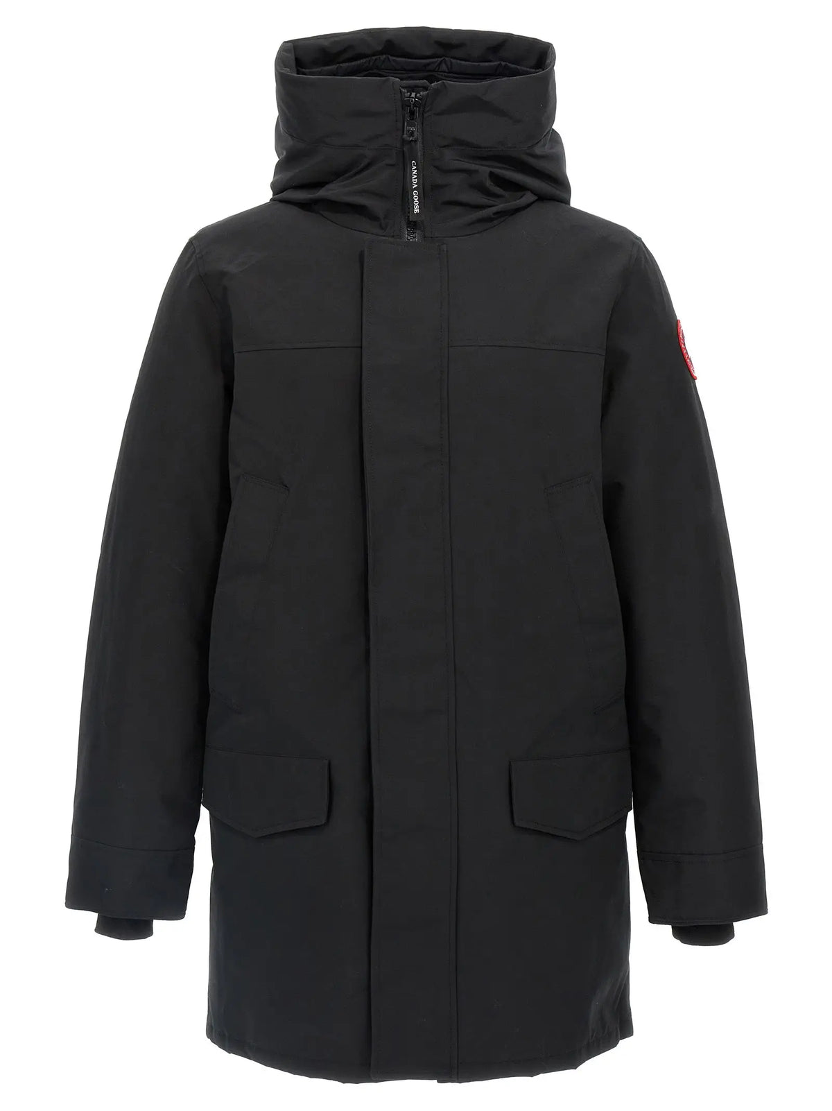 Parka canada goose noir en polyester avec capuche, fermeture éclair devant et deux grandes poches plaquées