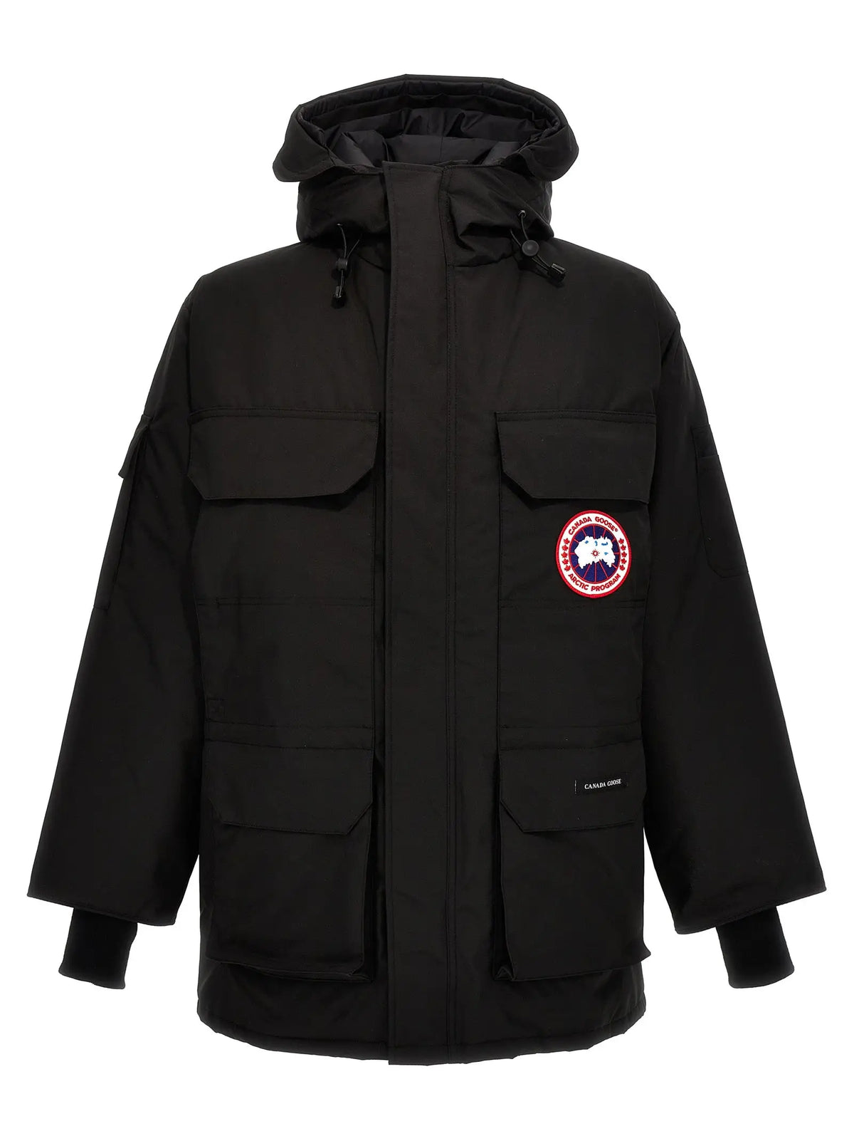 Parka canada goose noire en polyester avec capuche, multiples poches avant et logo circulaire sur la poitrine gauche