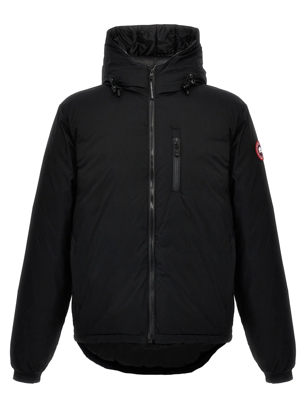 Veste canada goose noire en polyester avec capuche matelassée et logo rouge sur la manche gauche