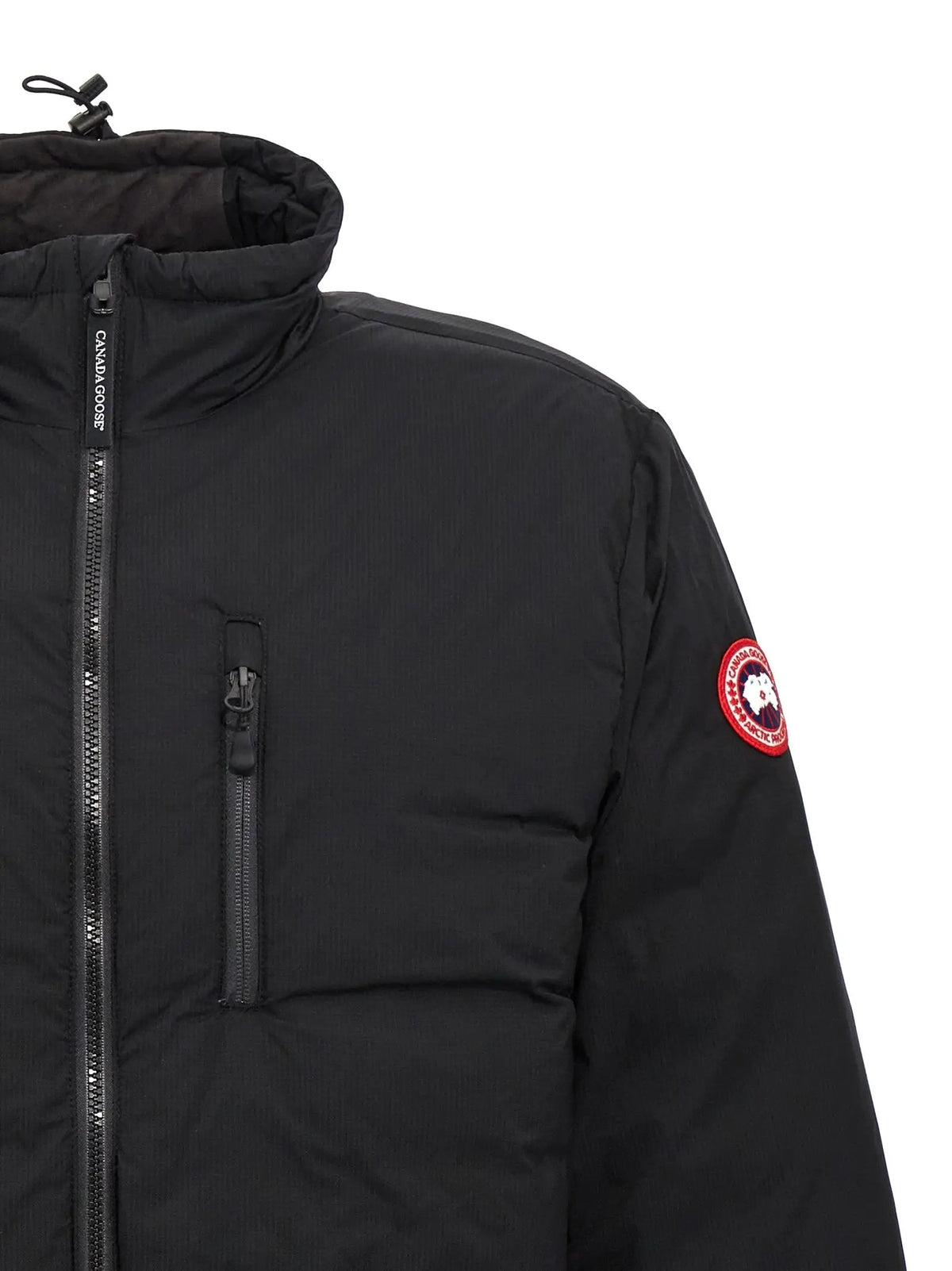 Veste canada goose noire en polyester avec design matelassé et logo rouge circulaire sur la manche