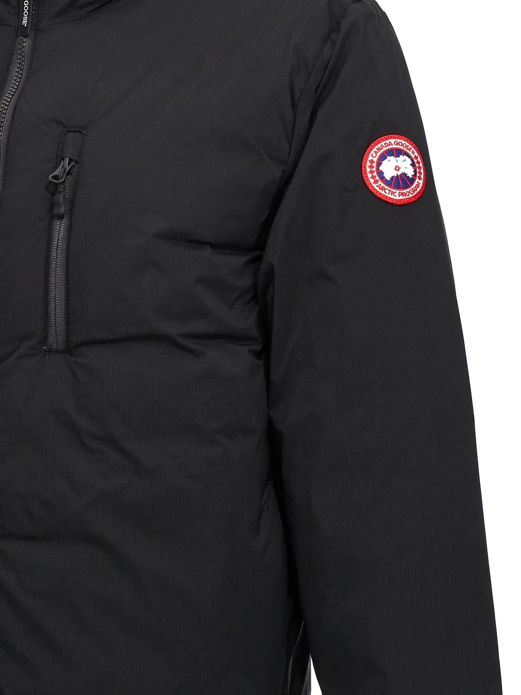 Veste canada goose noire en polyester avec patch logo rouge et blanc rond sur la manche