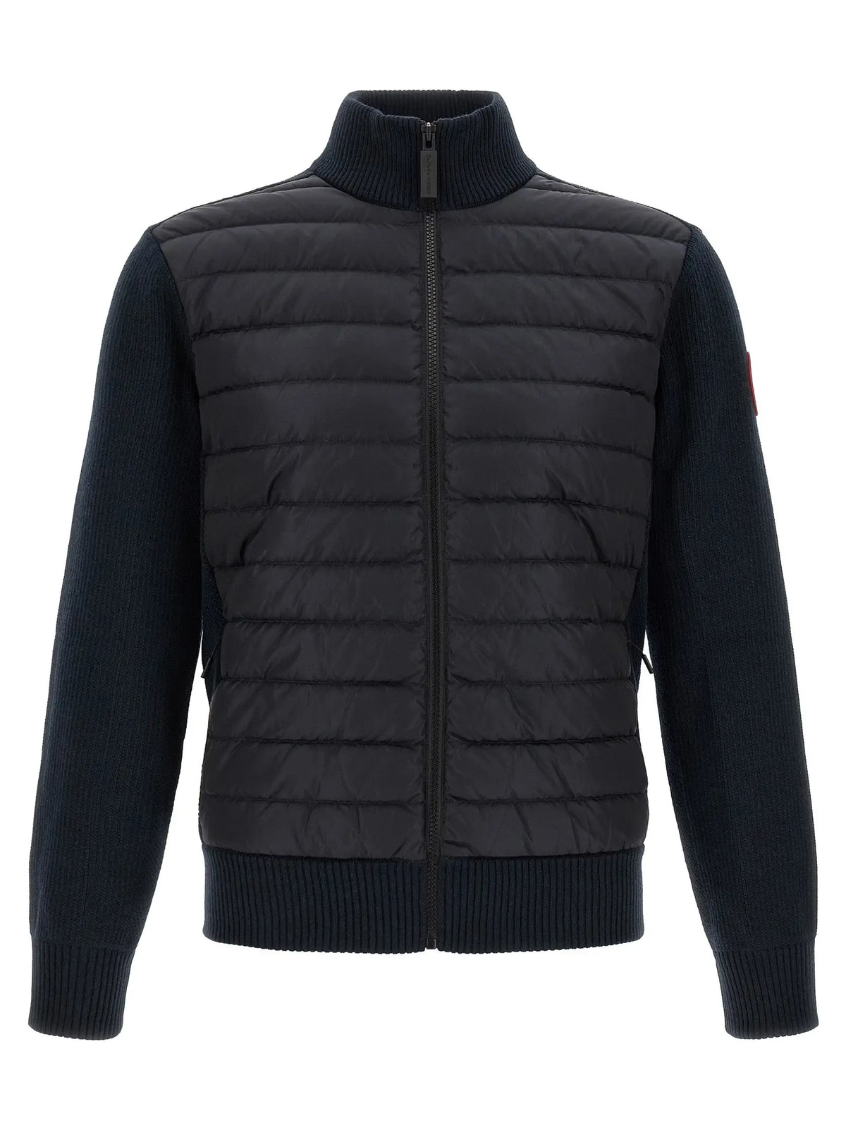 Veste canada goose noire en laine longue avec manches et col côtelés en tricot et logo rouge sur la manche