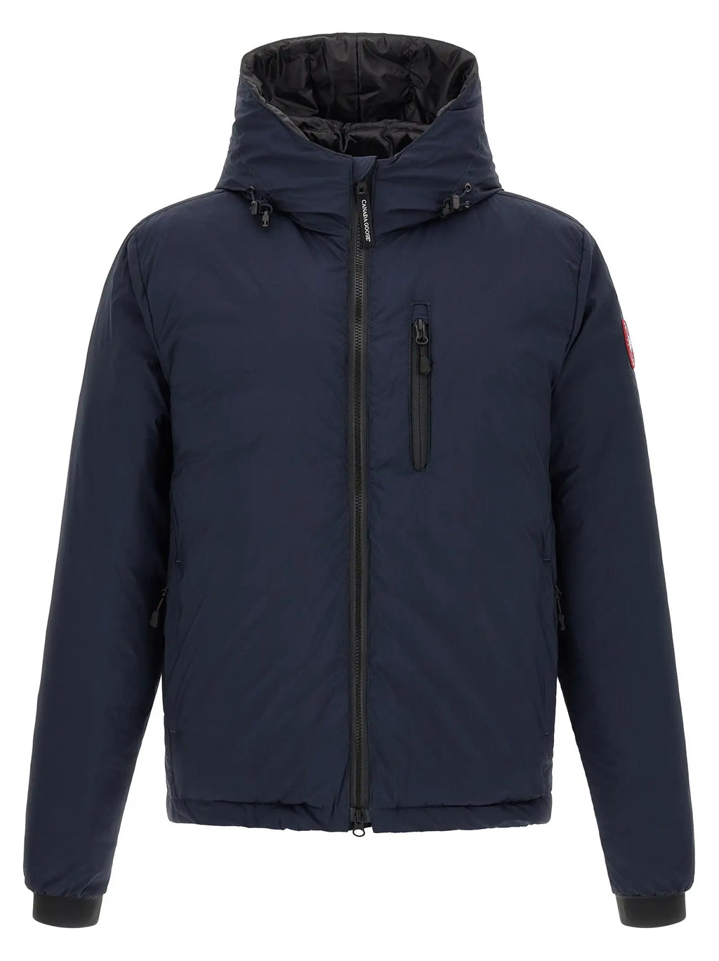 Veste longue canada goose en polyamide bleu marine avec doublure noire et écusson rouge sur la manche