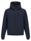 Veste longue canada goose en polyamide bleu marine avec doublure noire et écusson rouge sur la manche