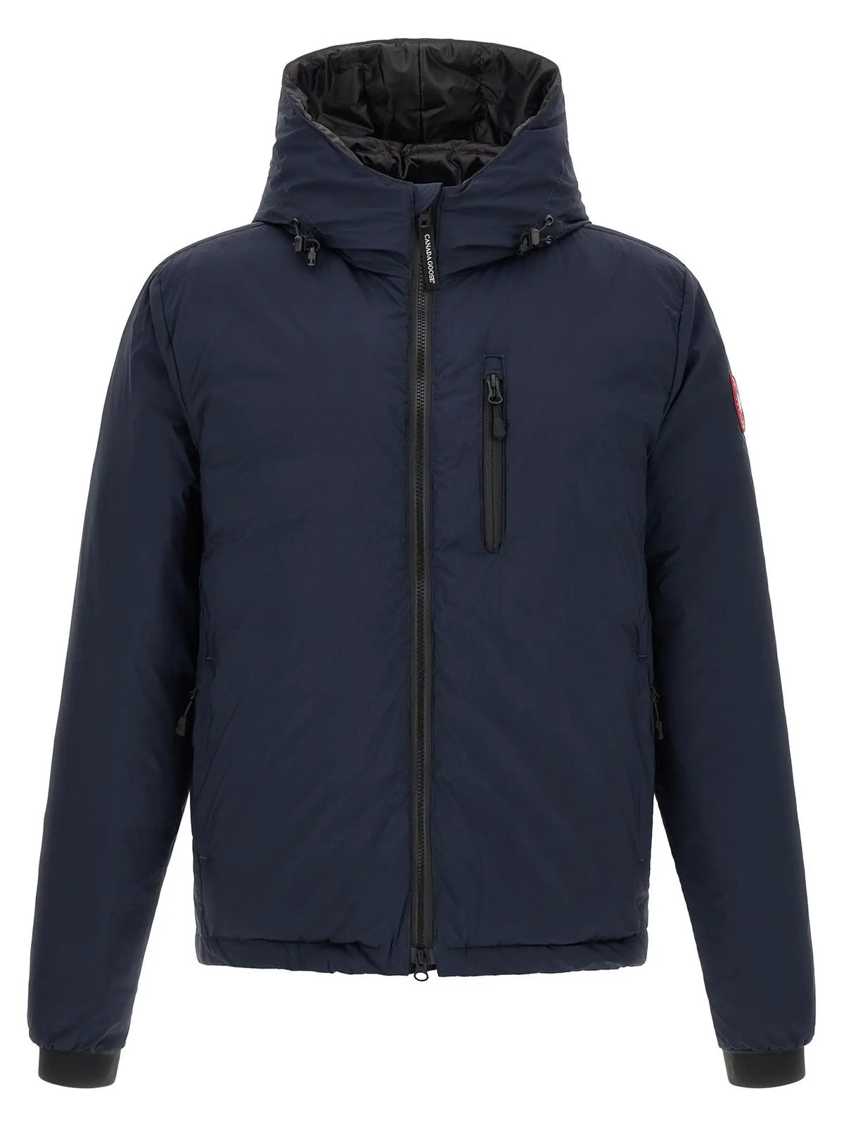 Veste longue canada goose en polyamide bleu marine avec doublure noire et écusson rouge sur la manche