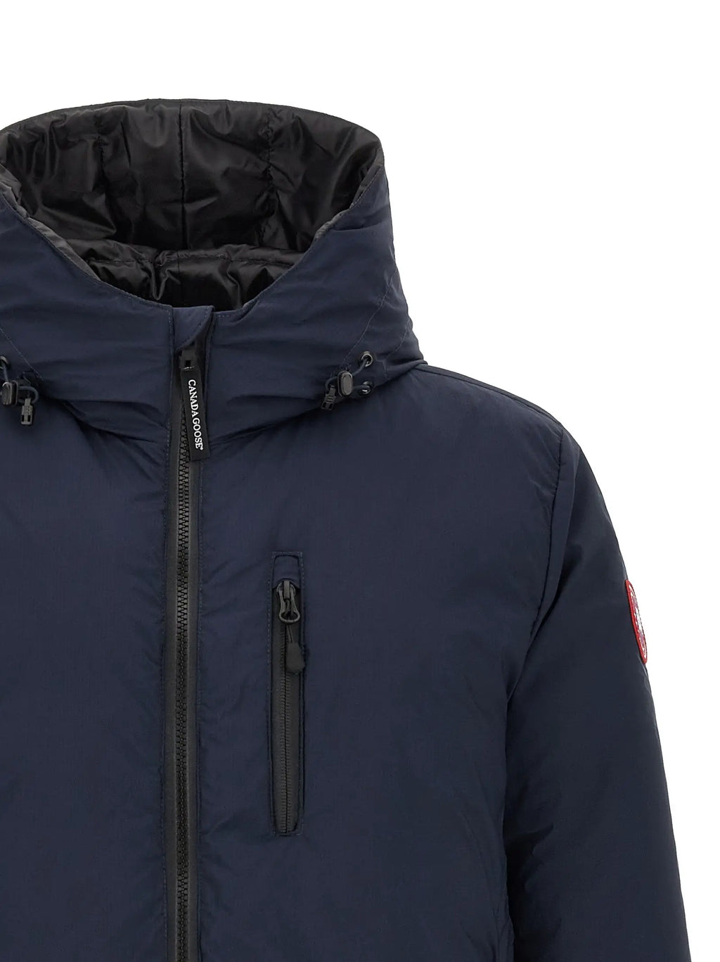 Canada Goose blue polyamide full-length jacket with dark navy puffer design black zipper and red logo on sleeve