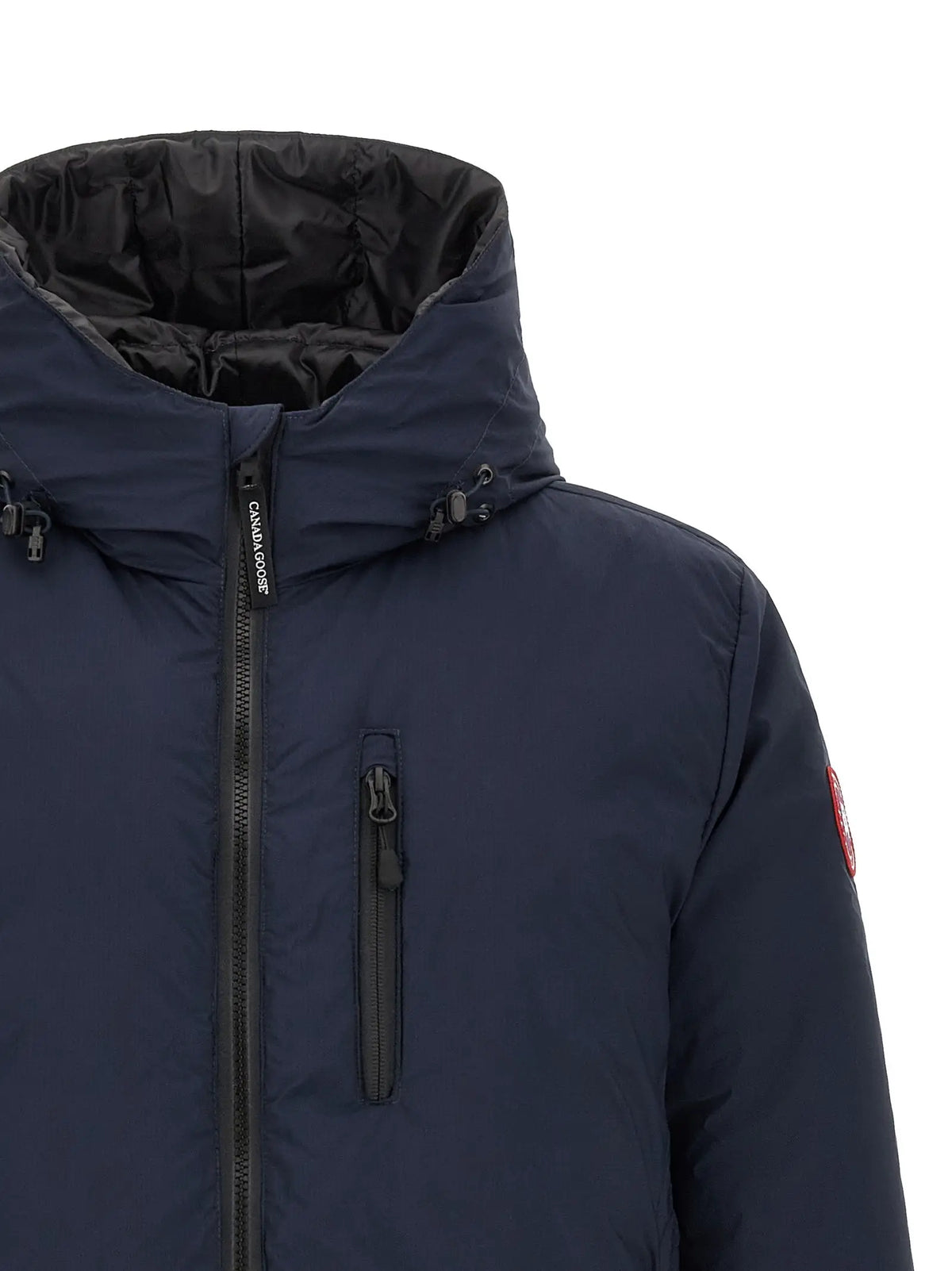 Canada Goose blue polyamide full-length jacket with dark navy puffer design black zipper and red logo on sleeve