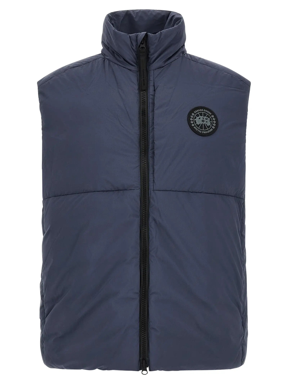 Canada Goose veste sans manches bleu marine en polyamide avec col montant, fermeture éclair noire et logo circulaire