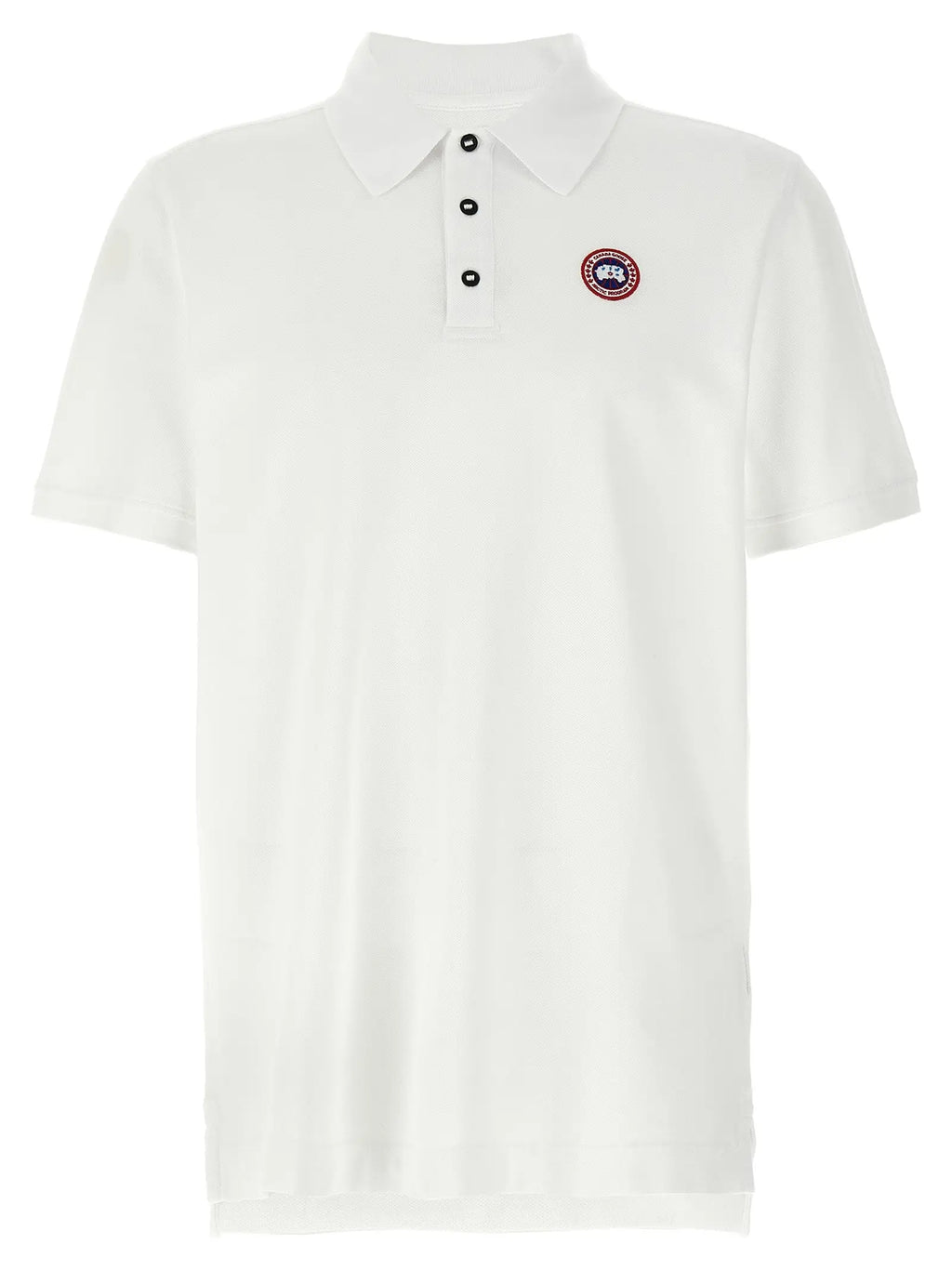 Chemise polo canada goose blanche en coton avec boutons noirs et logo circulaire brodé sur la poitrine gauche