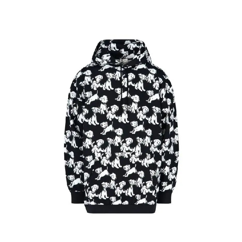 Sweatshirt coton noir celine avec motif répétitif de chiots dalmatiens blancs sur tout le vêtement