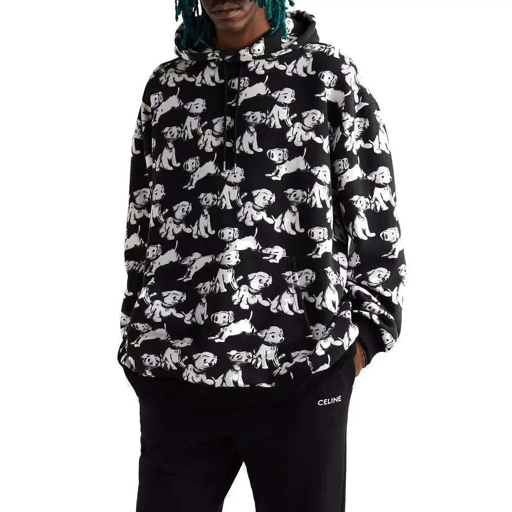 Sweatshirt celine noir en coton avec motif répétitif de chiots dessinés blanc et gris