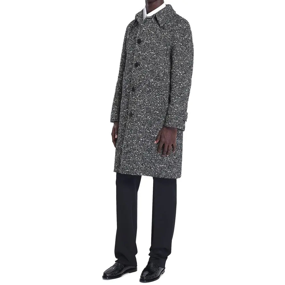 Manteau long homme celine gris en mohair à motif chevron noir et blanc avec col classique et fermeture à boutons avant